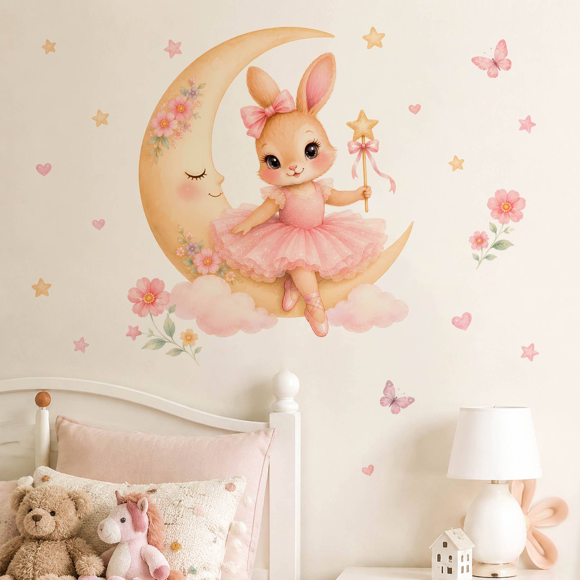 Baby Nursery Decor Girl - Autocollants muraux lapin ballerine aquarelle rose