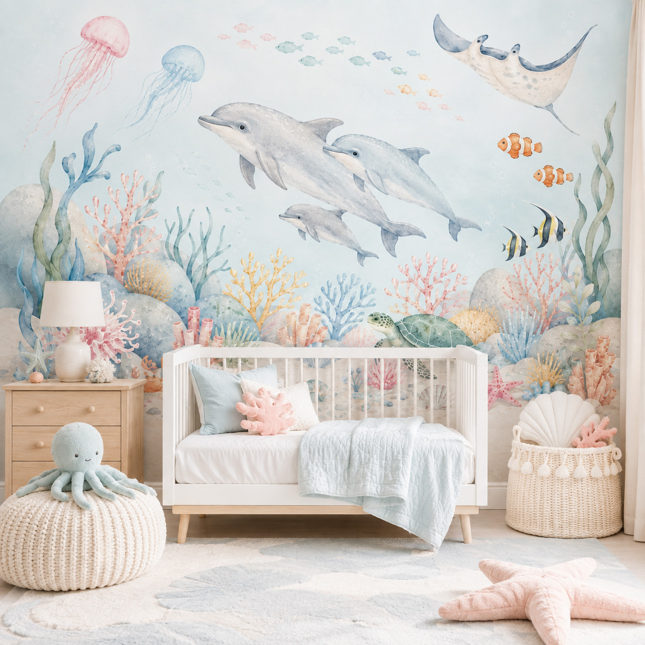 Baby Nursery Peel And Stick Wallpaper - Papier peint auto-adhésif avec animaux marins