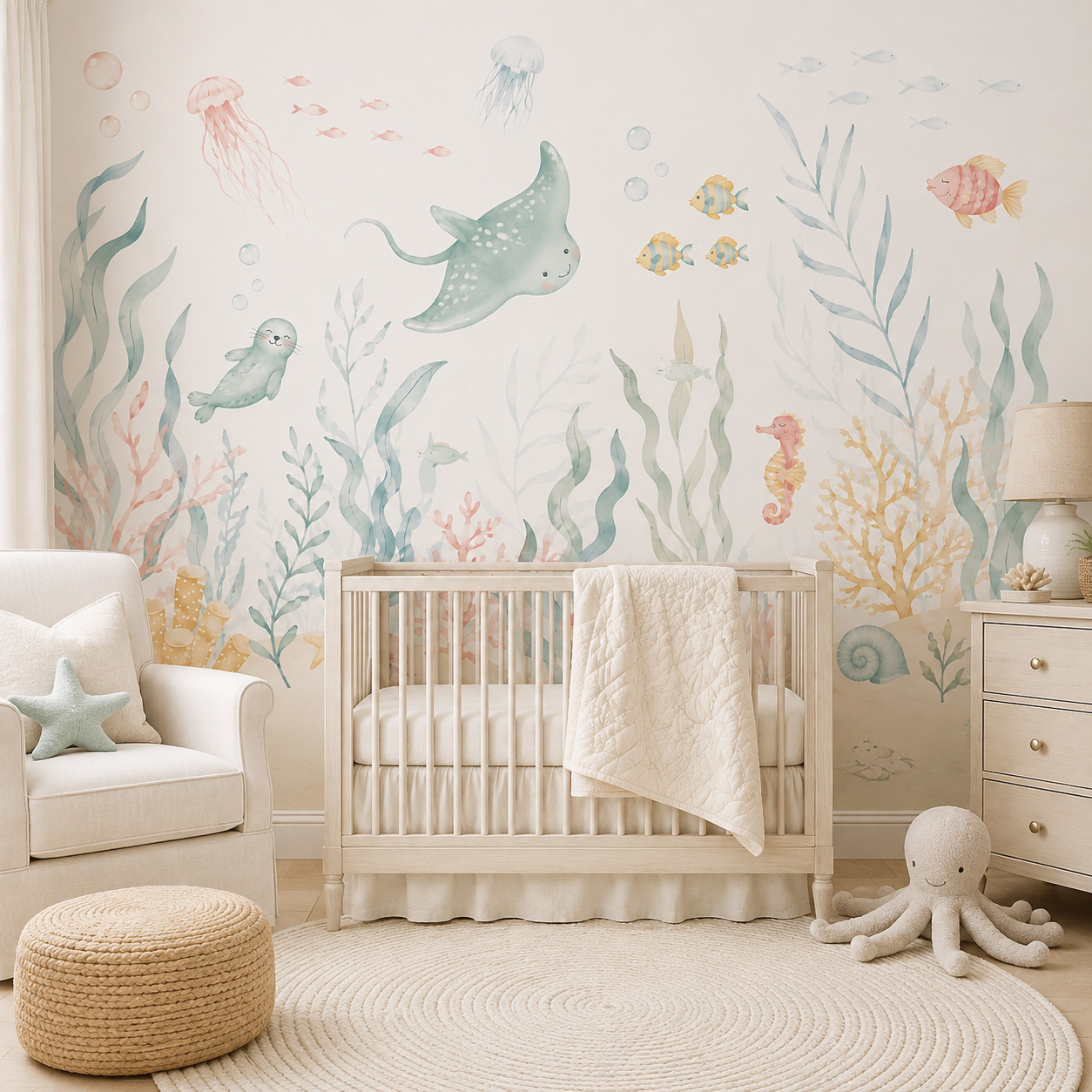 Baby Nursery Peel And Stick Wallpaper - Papier peint autocollant animaux marins, motifs